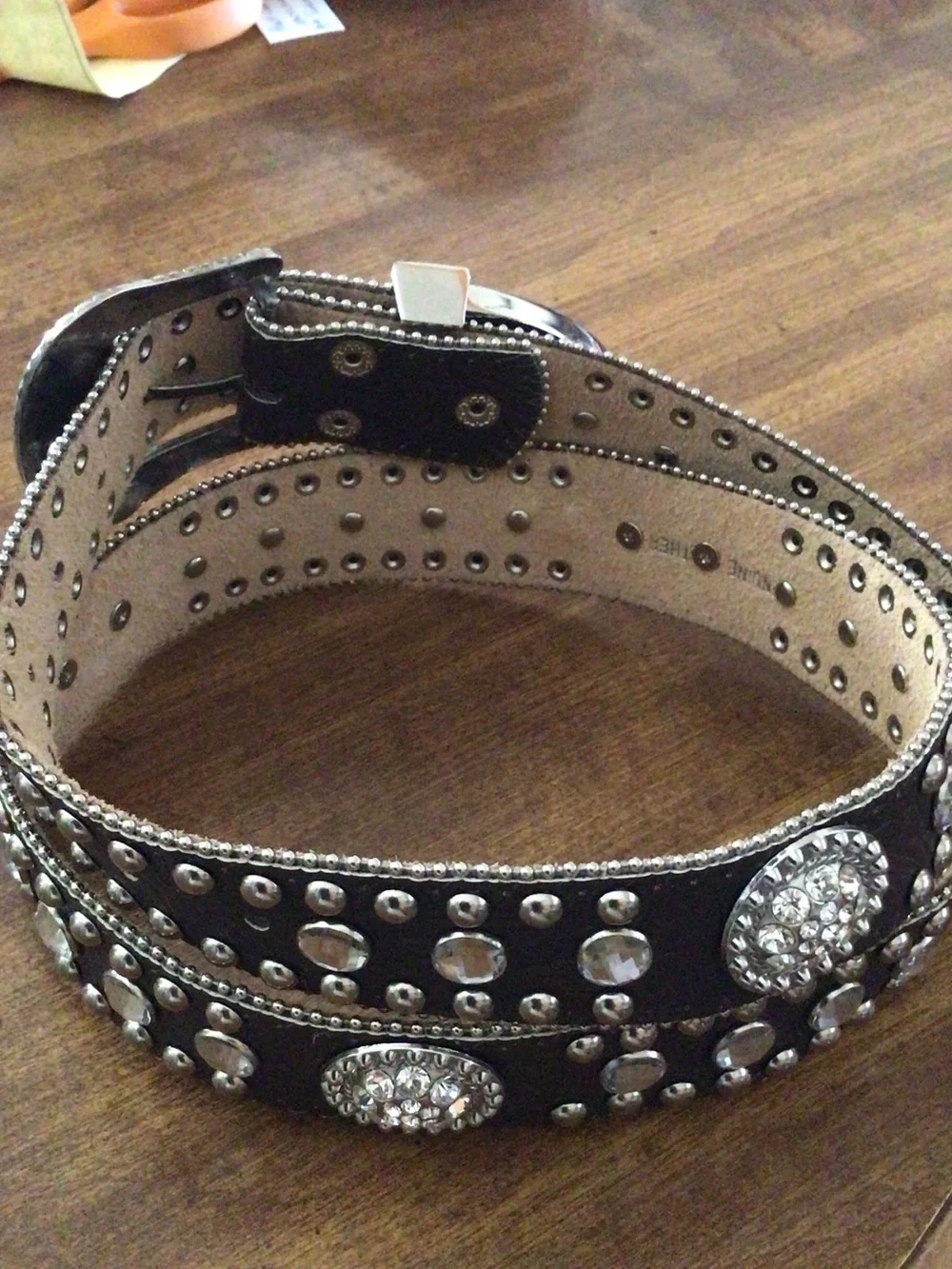 Black Studded Western-Style Leather Belt with Crystal Accents
